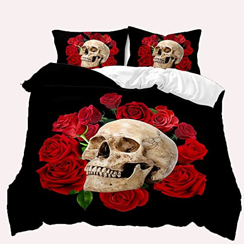 TULTOAP Ropa de cama de 135 x 200 cm, estampado 3D, diseño de flores y calaveras, funda nórdica gótica, diseño de calavera rosa, 220 x 240 cm