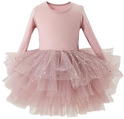 Toddler Girls Ballet Tutu Dresses Long Sleeve Sequin Tulle Ballerina Outfits Dance Leotards Dusty Pink 2-4t