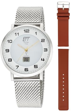 ETT Eco Tech Time Funk Solar Herren Uhr Analog mit digitalem Datum mit Edelstahl,Leder Armband EGS-11620-12MS