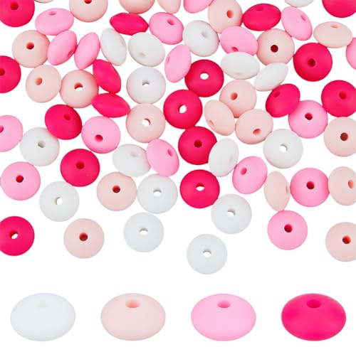 DICOSMETIC 80 Stück Linsen Silikon Lose Perlen 4 Farben Abakus Perlen 11.5x7 mm Untertasse Lose Silikon Abstandsperlen Für Die Herstellung von Schlüsselanhänger Schmuck Rosa Serie