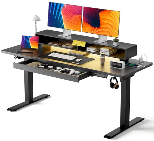 GTPLAYER Electric Standing Desk with Drawers, 55 x 24 Inch Height Adjustable Gaming Desk with Monitor Stand, Power Outlets & LED Lights, Home Office Sit Stand Up Desk with Memory Preset (Black)