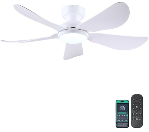 Kviflon 46 Inch Modern Ceiling Fans with Lights, Flush Mount Ceiling Fan with Light and Remote/APP Control, 5 Reversible 6 Speeds Curved Blades, 3 CCT Dimmable Lights for Bedroom, White