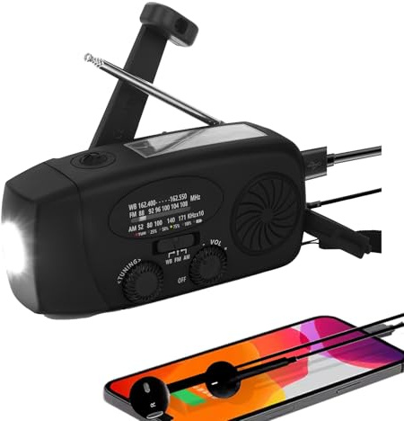 Radio Solar portátil con Am/FM/NOAA meteorológica Radio, Alarma SOS y Dinamo de manivela, Cargador de móvil USB, Linterna LED, para emergencias (Negro,batería Recargable de 10000 mAh)