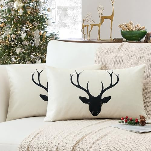 Sungeek 2er Set Weihnachten Kissenbezüge, Hirsch Doppelseitiges Muster Dekorative Zierkissenbezüge Winter Kissenbezug Weihnachtsdeko Kissenhülle für Sofa Schlafzimmer Wohnzimmer (30x50 cm, Schwarz)