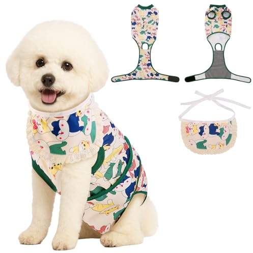 Surgery Recovery Suit for Female Male Dog, Soft Onesie After Spay Neuter,S+ | E-Collar Cone Alternative Anti Licking Abdominal Wounds, Small Dogs Full Body Surgical Onesies, Medical Bodysuit with Bandana