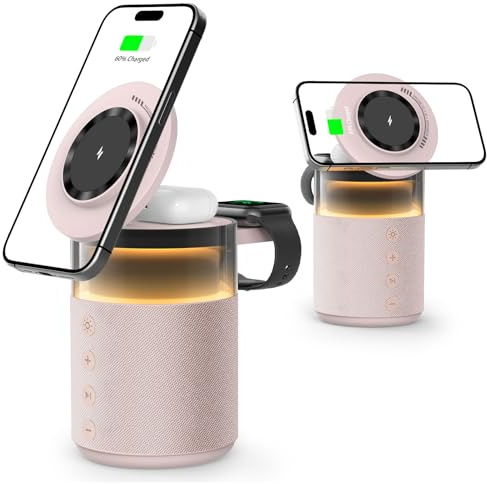 Haut-Parleur Bluetooth 3-en-1 avec veilleuse et Chargeur sans Fil, Lampe de Chevet réglable avec Station de Charge à Induction – Compatible avec iPhone 17/16/15/14/13/12 Pro Max, Apple Watch 33W Rose
