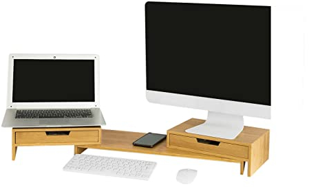 SoBuy BBF04-N Design Monitorerhöhung für 2 Monitore Monitorständer Bildschirmständer Notebookständer Schreibtischaufsatz mit 2 Schubladen breitenverstellbar Bambus BHT ca.: 60-108x11x22cm