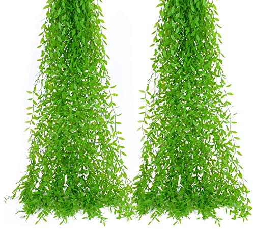 Tifuly 12Pcs Artificial Ivy Vines,40 Fake Long Greenery Garland Willow Leaves with Total 60 Plastic Stems Hanging for Home Wedding Party Garden Wall Hotel Decor, Green