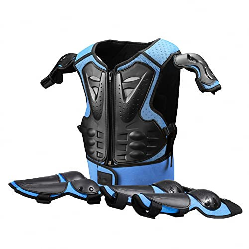 MAOTN Kinder Motorrad rüstungsanzug+ellbogenschützer+knieschützer, MTB Motorcross Downhill Protektoren,Brust rücken beschützer Gear, renn,ski protektorenweste brustpanzer,Blue,Size
