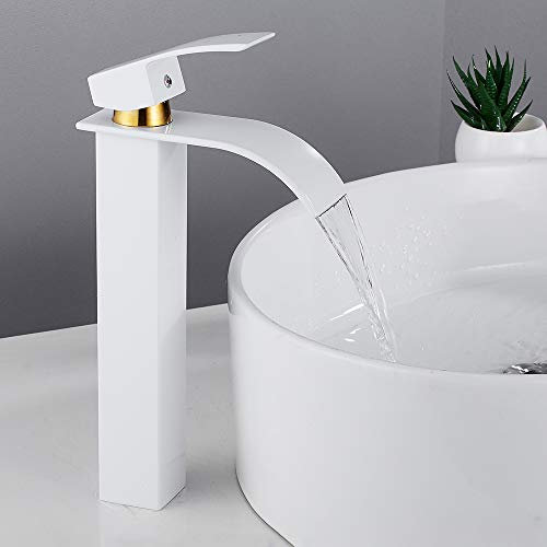 Your's Bath Waterfall Basin Mixer Tap Bathroom Countertop Tap Single Lever Handle Tall Waterfall Bathroom Sink Tap Square Mono Brass Faucet(White-gold)