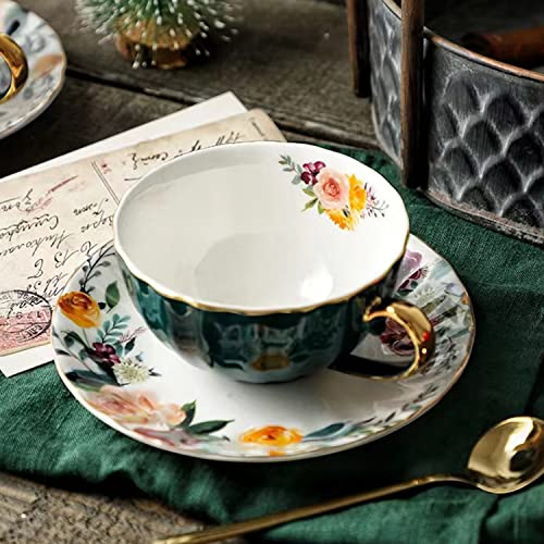 Green Tea Cup and Saucer,Porcelain Coffee Cup Ceramic Floral Lined Tea Cups with Gold Trim and Spoon,8 oz Royal Vintage Teacup and Saucer Set for Latte,Coffee,Tea,Fine Bone China Tea Cup