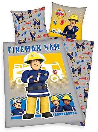 Herding Bettwäsche-Set, Feuerwehrmann Sam, Kopfkissenbezug 80 x 80 cm mit Reißverschluss und Wende-Motiv, Bettbezug 135 x 200 cm, Mit Reißverschluss, Leuchtet im Dunkeln, 100% Baumwolle/Renforcé