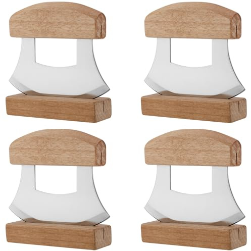 SEHOI 4 Pack Stainless Steel Ulu Knife, Mezzaluna Knife Pizza with Wooden Display Stand for Chopping Vegetable, Pizza, and Herbs