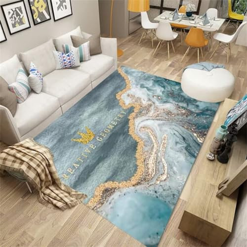 Kunsen Teppich Wohnzimmer groß Innendekoration, abstrakt, kurzer Flor, pflegeleicht Teppich Wohnzimmer groß Blau Flickenteppich Schlafzimmer deko80X140CM
