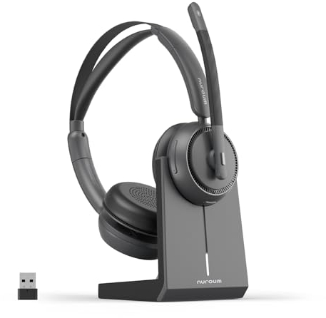 Nuroum HP31D(2nd Gen) Bluetooth Headset mit Mikrofon Wireless, AI Rauschunterdrückung für Anrufe/45H Laufzeit, Kabelloses Headset mit Ladestation/USB Dongle/Mute, für PC/Computer/Laptop, Zoom/Teams