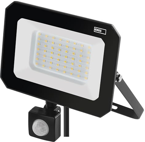 EMOS Simpo 50 W LED-strålkastare med rörelsedetektor, vattentät, för våt- eller utomhusmiljöer, superljus 5 000 lm, neutral vit, 4 000 K, livslängd 25 000 timmar, inklusive kabel