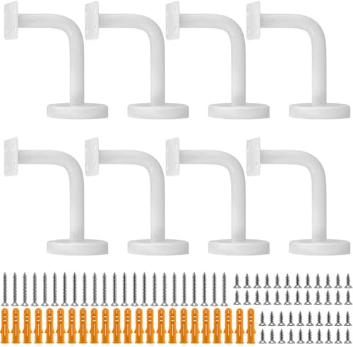 FUNSUEI Paquete de 8 soportes planos resistentes para pasamanos blancos, soportes de pasamanos montados en la pared con tornillos de montaje para pasamanos de madera y pasamanos de metal