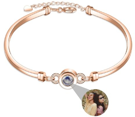 Liskanap Foto Armband Personalisierte Rund Projektion Armband mit Eigenen Bild im Stein Lupe Foto Armbänder Versteckte Fotoarmband für Damen Frauen Freundschaft Familie Silber Rose Gold (Rosegold)