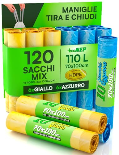 Lot de 120 sacs de tri sélectif en plastique HDPE, 70 x 100 cm, 110 l, avec poignées à tirer et fermer, couleur jaune et bleu, sacs anti-crevaison pour poubelle condominiale, 12 rouleaux à déchirer