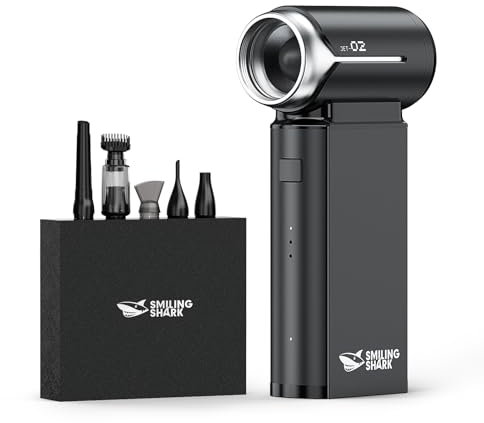 Smiling Shark Compressed Air Duster, J02 Super Power 150000RPM Aluminum Electric Air Duster with Mini Vacuum Cleaner, 2 Modes (Normal&Storm) Adjustable Dust Blower for PC/Outdoor/House/Car, Black