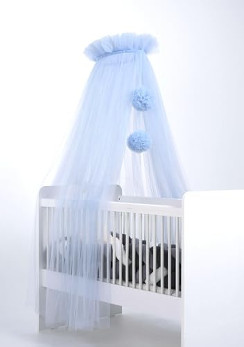 Babysänghimmel av tyll, sänghimmel för babysäng, för prinsessbabyvagga och sidosäng för baby, myggnät, babyrumsdekoration, baldakin för barnrum, 165 cm lång, med pompoms, brungrå (babyblå)