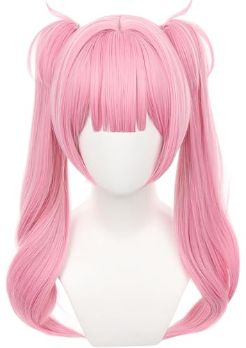 Rosa lange Perücke für Frauen Halloween synthetisches Cos Anime Party | mit Bangs Welle Doppel Ponytail Hitze Widerstand Weihnachten Comic Con Cos Anime Party Ersatz Perücken