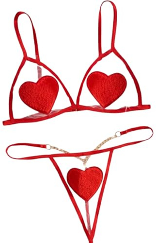 Generico Completo Intimo Maglia Trasparente Donna Sexy,Set Lingerie Hot, Biancheria Intima Reggiseno e Perizoma Mutandina con Filo (Rosso, S)