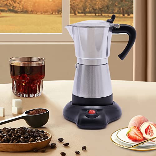Caffettiera elettrica da 300 ml, Moka Elettrika, in lega di alluminio, con base, 480 W, per famiglie, caffè, 6 tazze, girevole a 360°