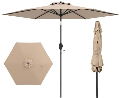 COSTWAY Sombrilla Terraza Exterior 230 cm, Sombrilla Jardin Exterior Resistente con Sistema de Inclinación con Botón, Manivela, Techo Ventilado, Parasol Jardin para Patio (Sin luces,Café)