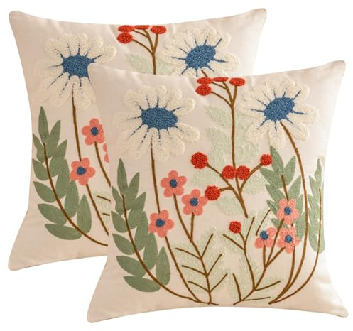 FONDUO Blumen Kissenbezug Herbst 45x45 Boho Kissenbezüge mit Stickerei Für Home Deko Herbst Kissenhülle Florales für Kissen Blumenkissen Dekokissen Kissenbezug Für Herbstdeko Sofa Wohnzimmer (Dx2)
