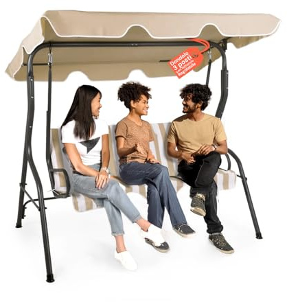 Avilia Dondolo da Giardino 3 Posti con Tettuccio – Dondolo da Esterno in Acciaio Antracite con Seduta Beige, Struttura Robusta e Parasole Regolabile per Patio, Terrazzo, Veranda