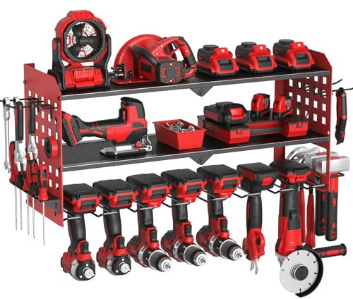 Yeabett 3 Layer Power Tool Storage, Tool Rack for 7 Drill Holders, Heavy Duty Wall Mounted Rack for Garage, Home, Workshop (Red)