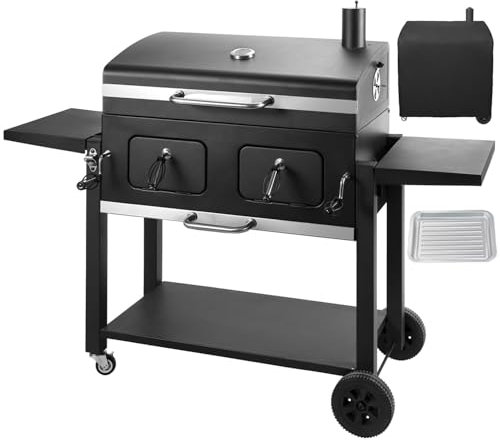 Gran grilla de Barbacoa de carbón Grande con mesas Laterales y Cubierta Impermeable, Fumador Ajustable de 2 Alturas, Calibre de Temperatura, Barbacoa al Aire Libre para jardín/Campamento