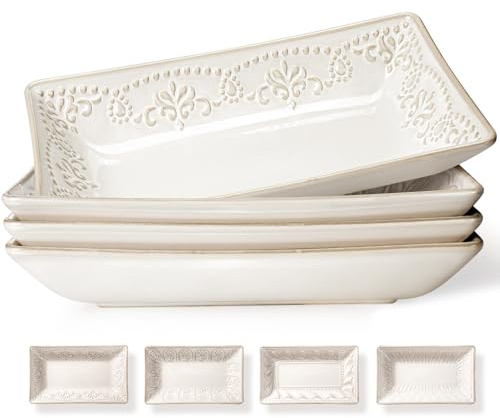 Artena Ceramic Pasta Bowls Set of 4-9.85 Inch Large Salad Bowls, 25 oz Serving Bowls for Soup, Dinner & Party - Embossed Microwave Safe Kitchen Dishes, Rectangle Plates (Multiple Patterns)