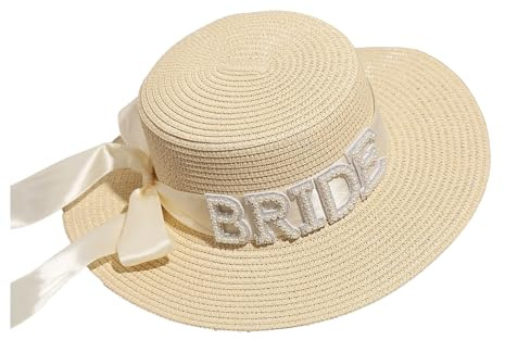 BrightGlow Damen Breit Krempe Strohhut Bride to Be Strohhhüte Sommer Strand Kappe Sonnenblende mit Strass Sonnen-Strohhut Schleife Bowler-Hut Sonnenhut für Hochzeit Party