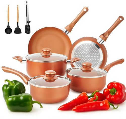 SHEUMNT Nonstick Cookware Set 11 Piece, Oven Broiler Safe 350F, Pots and Pans, Kitchen Cooking Set Fry Pans, Saucepans, Saute Pan, Kitchen, Home, Dishwasher Safe