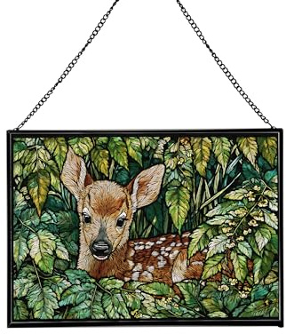 Baby Deer with Ferns Stained Glass Suncatcher – Rectangular Hanging Window Panel with Artistic Scene – Decorative Glass Art Gift for Nature, Fantasy, Travel-Inspired Home Décor CbIj08