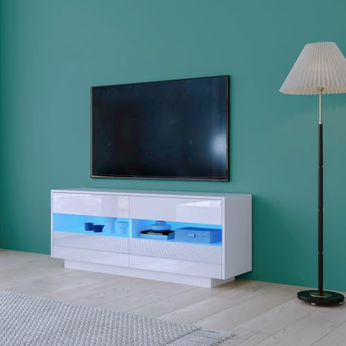White TV Stand Cabinet with LED Lights, High Gloss TV Unit with 4 Drawers | 2 Open Shelves, LED TV Stand Entertainment Center Unit for Living Room, Dining Room, Bedroom