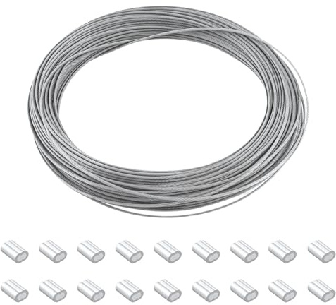 1 Stück Drahtseil 304 Edelstahl 21m/ 1mm, Bilderrahmen Hängender Draht，Stahlseil ummantelt mit 20 Aluminiumhülsen，Edelstahlseil Stahlseil für Rankhilfen, Lichteraufhängung, Zaun