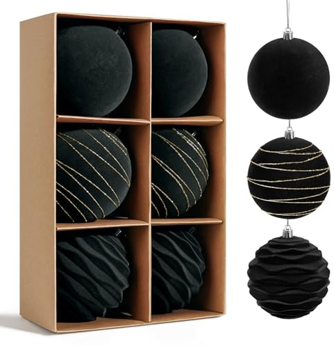 Miaikoe 6pcs Samt Weihnachts Ornamente Kugeln Sets für Weihnachten, Kunststoff zerstörungsdicht Weihnachtsbaum Flocked 10 cm Ornamente Kugeln für Winter Urlaub Dekor (schwarz)