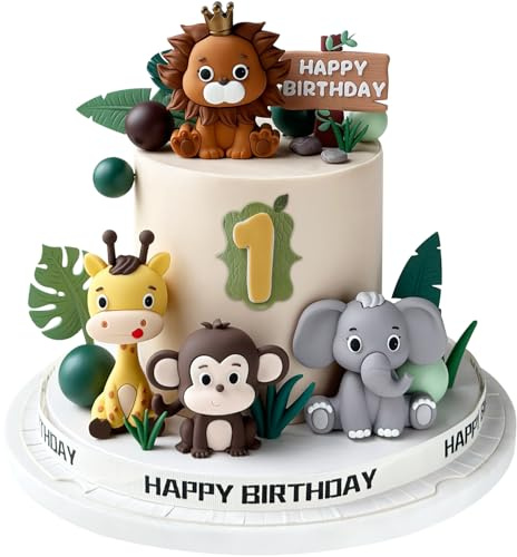 Safari Cake Toppers, Jungle Wild One Cake Toppers with Animal Leaves Balls Cake Decorations for Safari Animal Themed Birthday Party Decorations (Safari Style)