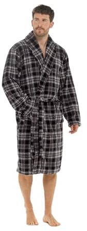 kraftd Mens Bathrobe Soft Warm Fleece Dressing Gown Plaid Style Shawl Collar Nightwear Robe for Men Black