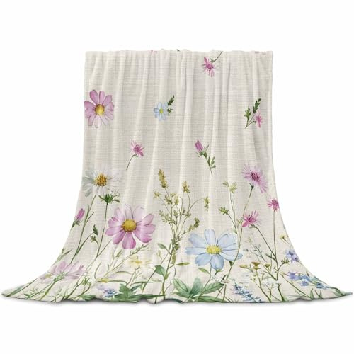 Flannel Throw Blanket Farm Flower Leaf Wildflower,Lightweight Soft Warm Fleece Blankets for Sofa Couch Bedroom,Botanical Herbs Retro Linen Cozy Fuzzy Microfiber Throws for All Seasons 40x50in