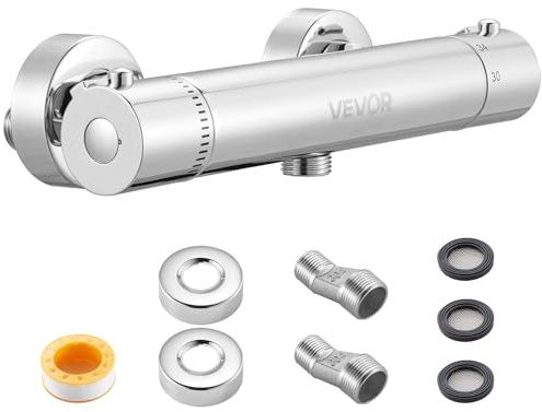 VEVOR Mitigeur Thermostatique de Douche à Verrouillage Sécurisé 38°C, Robinet de Douche Thermostatique à Eau Chaude et Froide, Vannes de Contrôle de Température avec Moulage en Laiton Massif