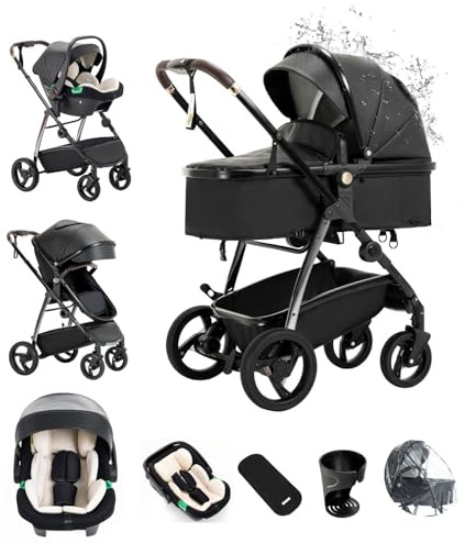 Kakbgee passeggino combinato in pelle 3-in-1, passegginos cittadino ECE R129 con seggiolino auto, pieghevole portatile, telaio convertibile in alluminio, adatto per neonati 0-4 anni
