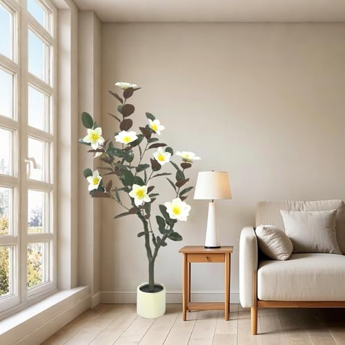 Hodeffior Künstlicher Magnolie 150cm mit Weiß Topf, Fake Plastik Pflanze Große Pflanzen im Topf, Wie Echt Wirkende Blätter & Blüten für Indoor Outdoor Haus Büro Garten Dekoration
