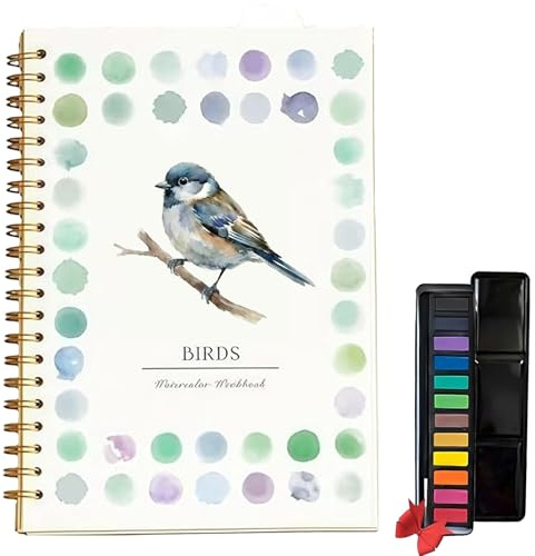 Aquarell-Arbeitsbücher, Wassermalbuch für Anfänger,Aquarellfarben-Set mit 12 Farben und Pinsel, Entspannen und Stressabbau,Ideal für Künstler und Bastler (12 Farben,Vogel)