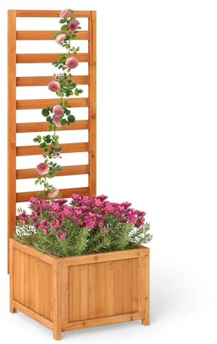 RELAX4LIFE Jardinière Surélevée en Bois Massif avec Treillis | Bac à Plantes avec Fond Amovible, Trous de Drainage, Lit de Jardin pour Plantes Grimpantes, Fleurs et Légumes
