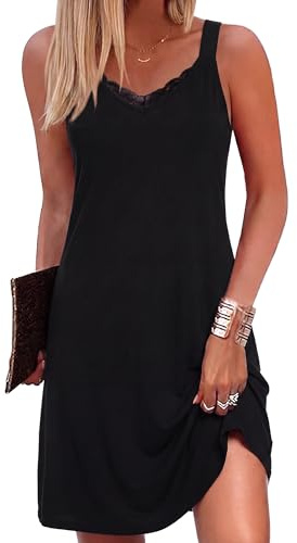 Aseniza Camisones Mujer Algodón Sexy de Tirantes Antideslizantes Cuello en V Ropa de Dormir Transpirable y Flexible Negro L