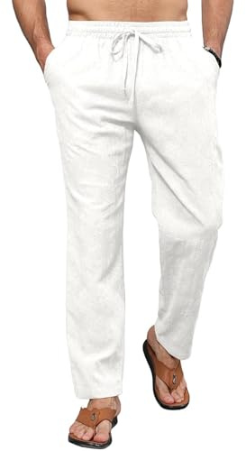 LAOARA Pantalone Lino Uomo Elastici Leggeri Pantaloni Estivi Uomo Lunghi Cotone Pantalone Motivi Ricamati Bianco M